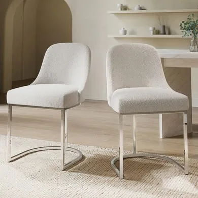 ONLY OPENED - Set of 2 Beige Boucle Dining Chairs with Chrome Legs - Callie