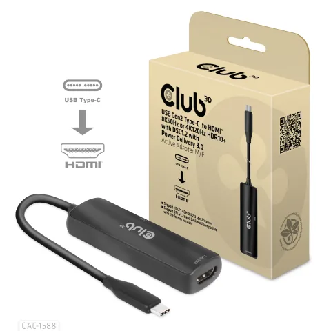 CLUB3D USB Gen2 Typ-C zu HDMI 8K60Hz oder 4K120Hz HDR10, DSC1.2
