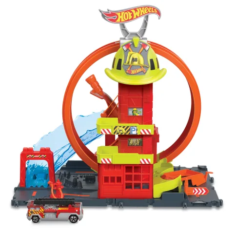 Hot Wheels City Super Loop Fire Station Playset, Track Set with 1 Toy Car