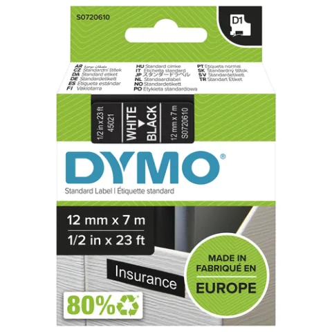 DYMO Authentic D1 Labels | White Print on Black Tape | 12 mm x 7