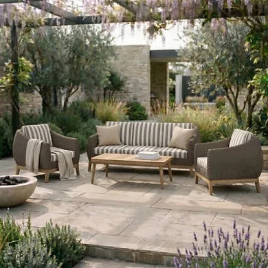 5 Seater Brown Rattan Garden Sofa Set with Striped Cushions & Coffee Table