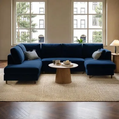 6 Seater Pull-Out U-Shape Sofa Bed with Storage in Navy Blue Velvet - Boe