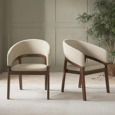 Set of 6 Walnut and Beige Upholstered Curved Dining Chairs - Owen