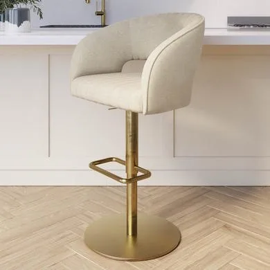 Set Of 4 Curved Beige Upholstered Adjustable Swivel Bar Stools with Gold Base - Runa