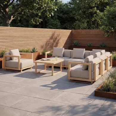 6 Seater Beige Aluminium Wood Effect Garden Sofa with Matching Coffee Table